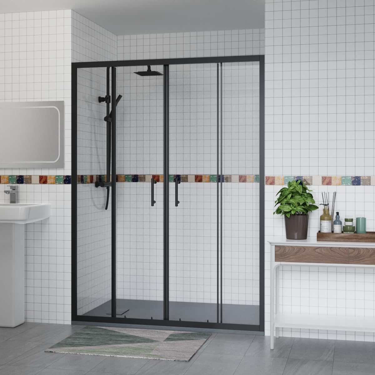 Aquariss 1500x800mm Sliding Shower Enclosure Black with Shower Tray