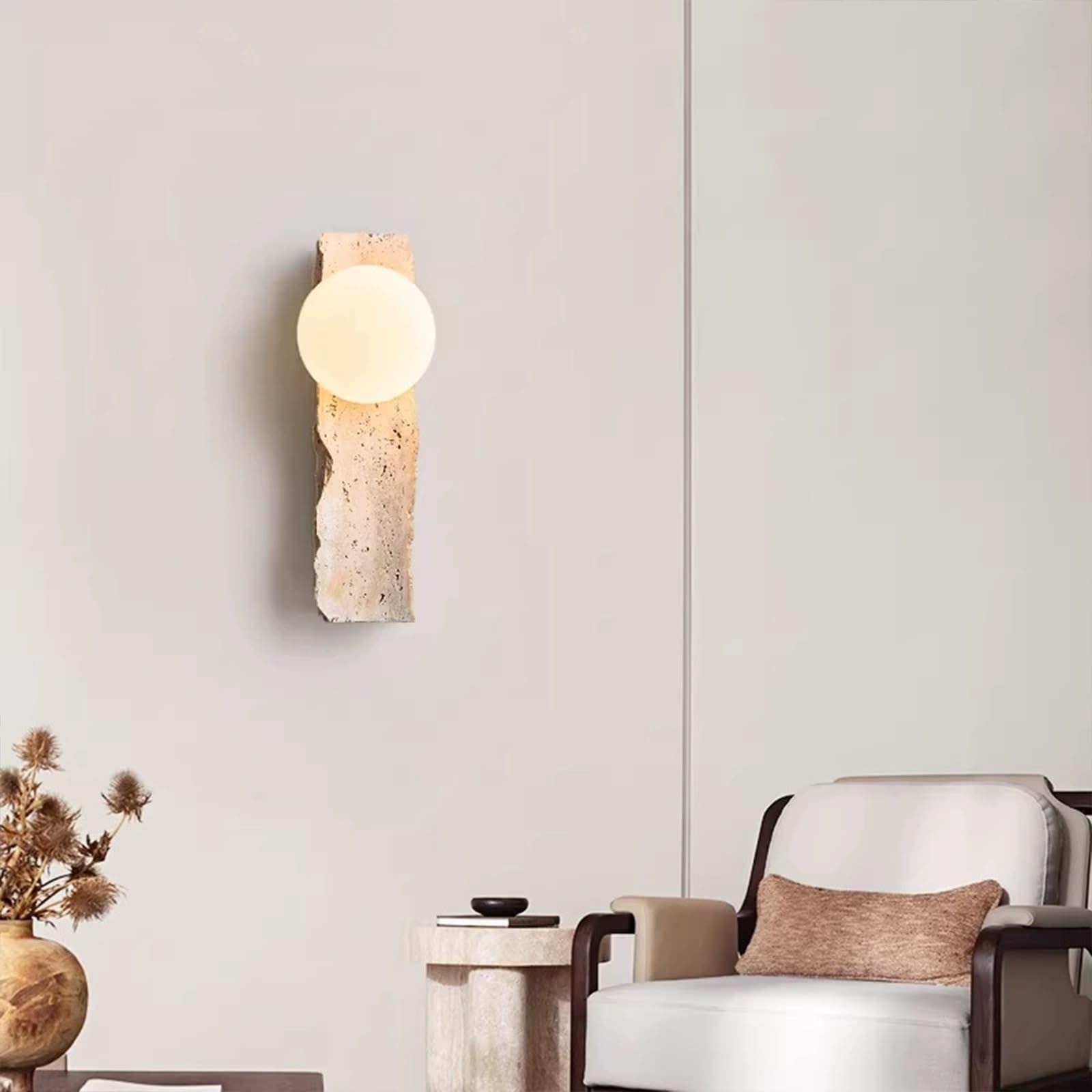 Aplique de pared de travertino moderno, lámpara de pared cableada | Lámpara de pared de piedra de cueva amarilla con pantalla de cristal globo, luz de pared Wabi Sabi de estilo japonés