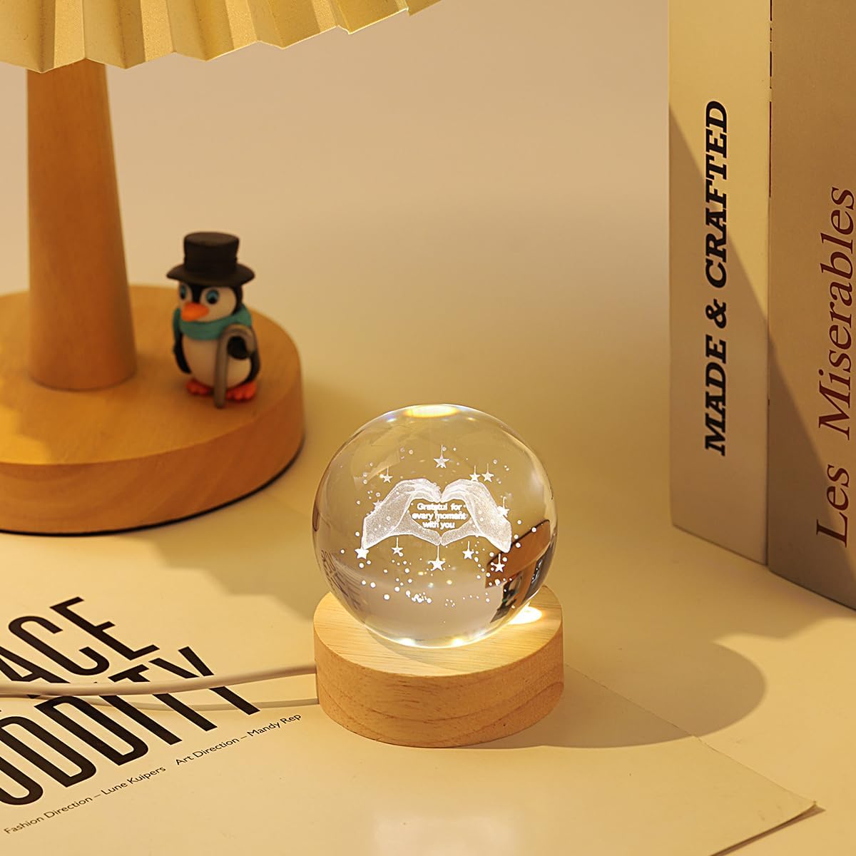 3D Hand Crystal Ball Lamp with Adjustable Brightness LED Wooden Base,Night Light for Kids Teens Adults,Birthday Gift Home Desk Office Bedroom Decor (6cm / 2.4”)​