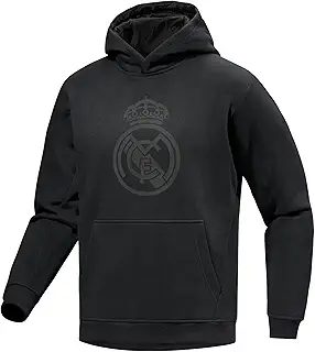 Icon Sports Boy's Real Madrid プルオーバーパーカー、黒にブラックロゴプリント、ユースサイズスウェットシャツ