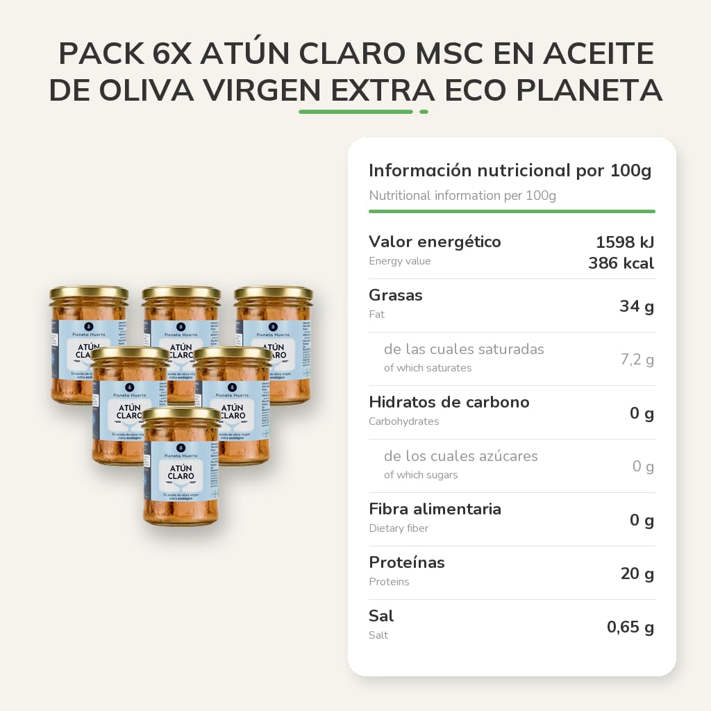 PLANETA HUERTO | Pack 6x Atún Claro MSC en Aceite de Oliva Virgen Extra ECO 200 g - Thunnus Albacares, Pesca Sostenible Certificada, 130 g Escurrido, Sin Aditivos ni Conservantes, Tarro de Cristal