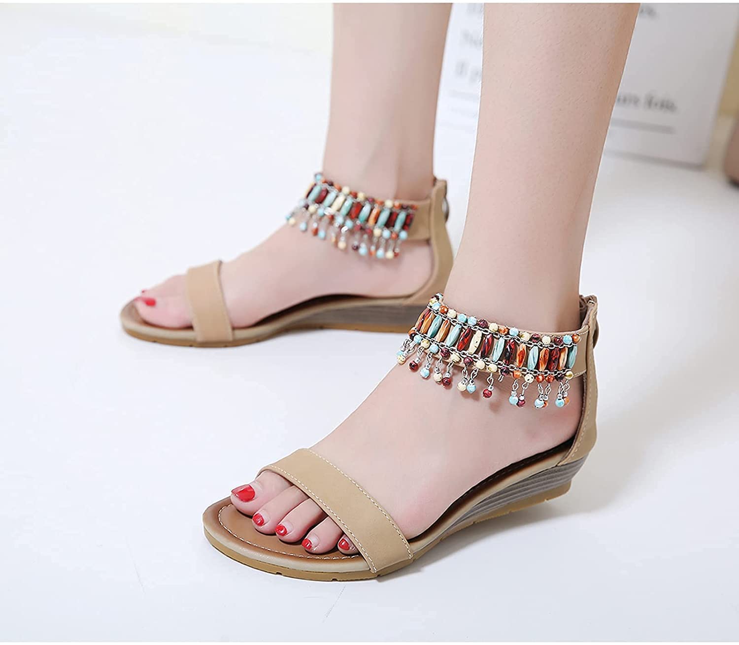 Sandalias Bohemias con Cremallera para Mujer, Chanclas de Playa de Verano, Zapatillas con Punta Abierta, Zapatos con Cremallera Plana Romana, Plataforma, Punta Abierta, Sandalias de tacón con