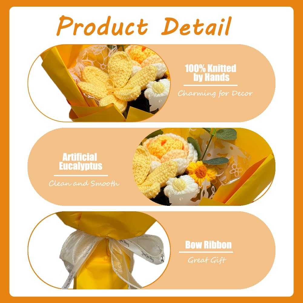 Crochet Flower Tulip & Rose Bouquet Handmade Artificial Flower Knitted Bouquet for Festival Wedding Graduation Anniversary (Orange) - Image 3