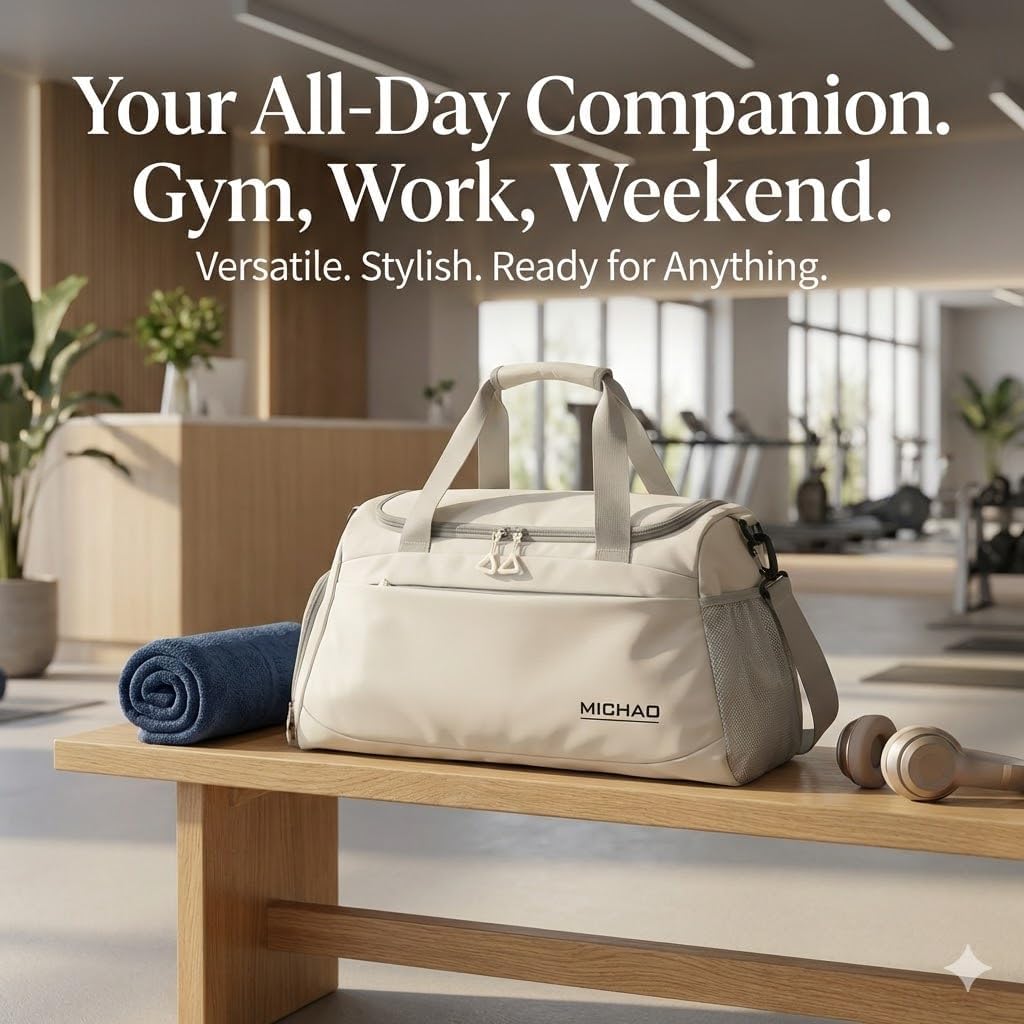 Duffel Bag, Sports Gym Bag with Shoulder Strap, White