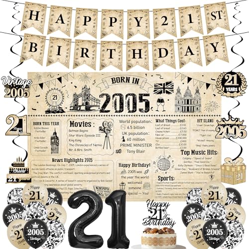 21st Birthday Decorations Banner Balloon - 30 Pcs Born In 2005 Uk Vintage Happy 21 Years Old Birthday Background Banners Number 21 Balloons Spiral Hanging Cake Toppper for Boys Girls Party Deco