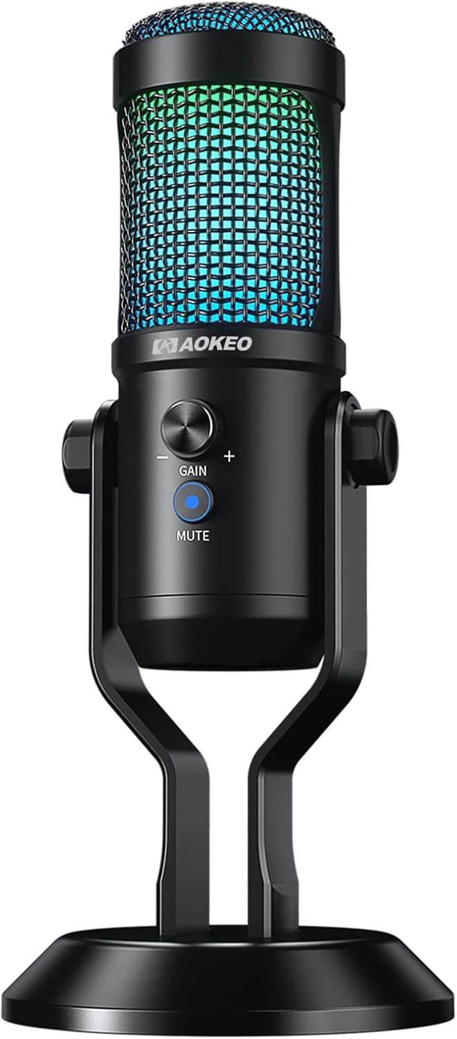 USB Gaming Microphone, Aokeo PC Computer Condenser Mic with Gain, RGB