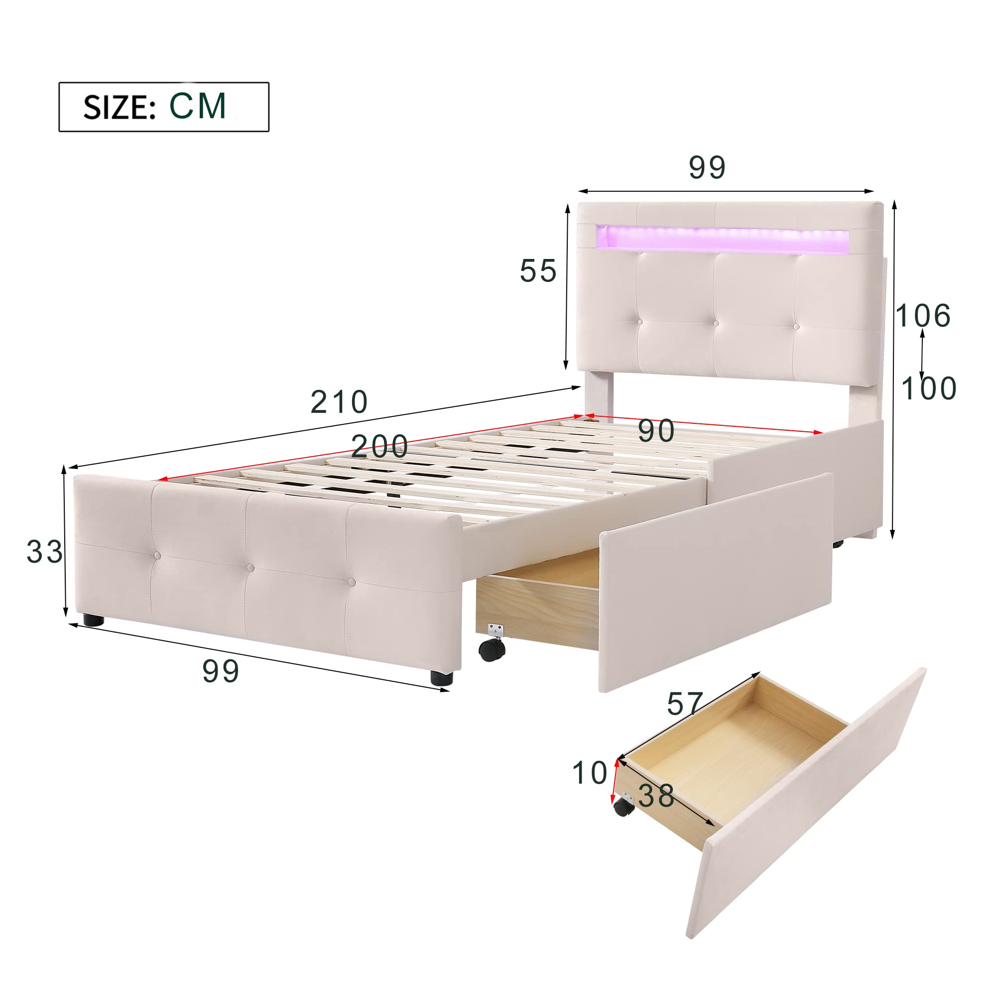 Idemon Cama tapizada de 90 x 200 cm con luces LED, 2 cajones, acolchado de lino agradable para la piel, cama individual, cama infantil, cama de invitados, color beige