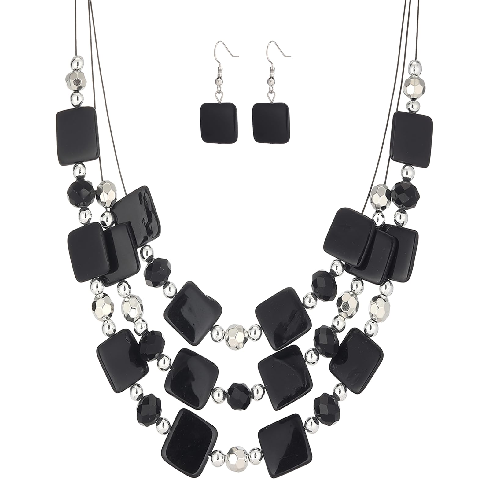 Layered Beaded Statement Necklaces for Women Square Shell Bead Collar Necklace and Earring Set Birthday Gifts Boho Jewelry Sets for Women