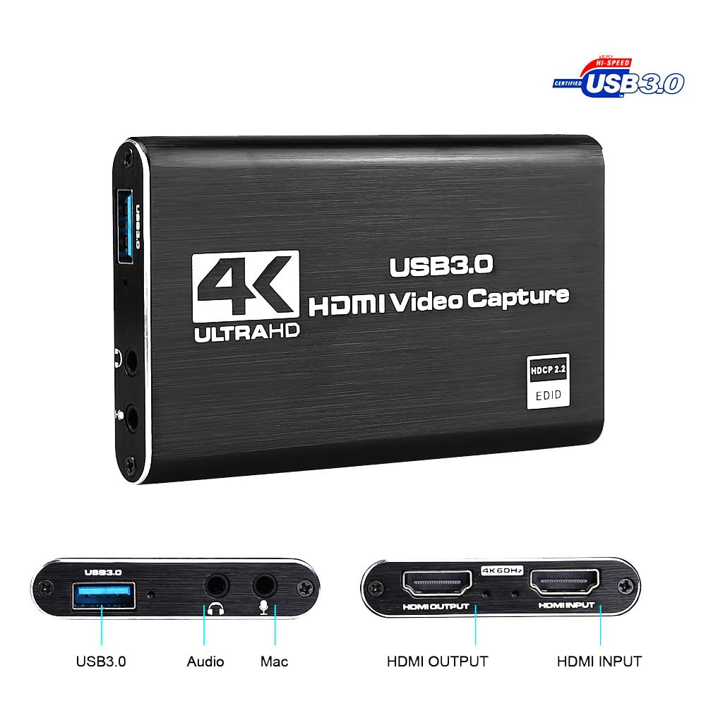 EXKOKORO New HDMI Video Capture Card 4K Screen Record USB3.0 1080P 60FPS Game Capture Device for Streaming, Compatible with Nintendo Switch, PS4, Xbox One, PC