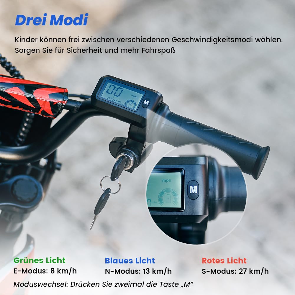 A14 Elektro Motorrad Kinder | 36 Volt 250 Watt Motor bis 22 km/h | E Bike | Dirt Bike | Electric Bike | Motocross |14 Zoll Kinder Motorrad elektrisch | Pocketbike | Dirtbike ab 6 Jahren (Rot)