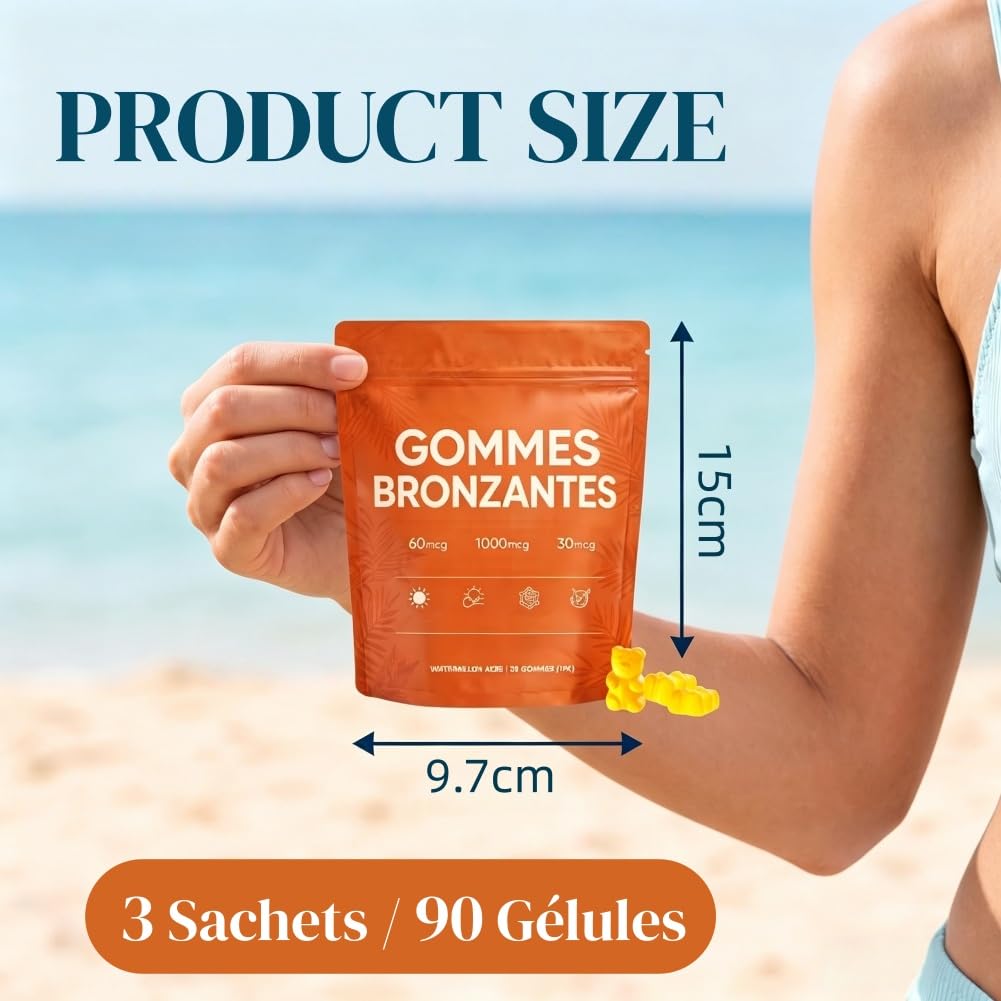 Gummies Autobronzant,90pc Gommes de Bronzage de Peau,Mélange bêta-C-arotène et L-Ycopène, Améliore le Teint Naturel de la Peau