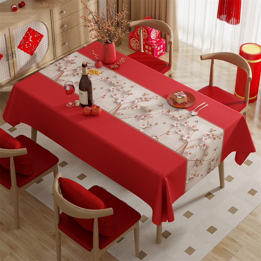 Treer Wipe Clean PVC Tablecloth Rectangular, Red Wipeable PVC Tablecloth Waterproof Oil-proof Plastic Table Cover Protector Outdoor Picnic Kitchen Party (Plum Blossom,140x220cm)