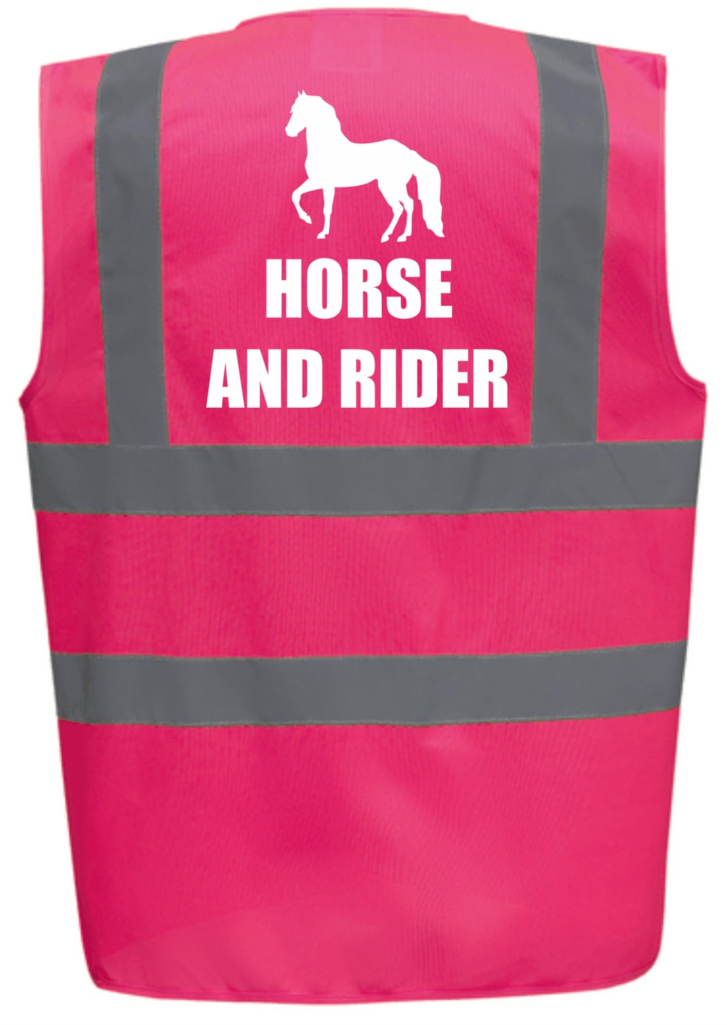 Bright Pink High Visibility Vest with White Text HORSE AND RIDER WITH IMAGE- HORSE RIDING By Brook Hi Vis Large