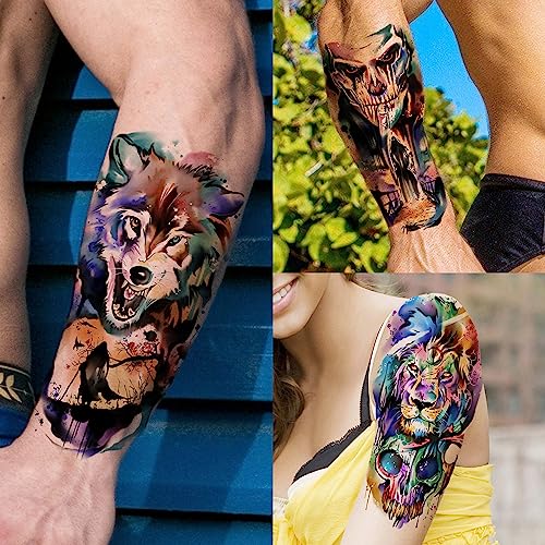 Image of VANTATY 55 Sheets 3D Watercolor Temporary Tattoos For Women Men Adults Kids - Realistic Animal Print, Tribal, Floral, Halloween Designs - Multicolor - Waterproof - Ages 3+