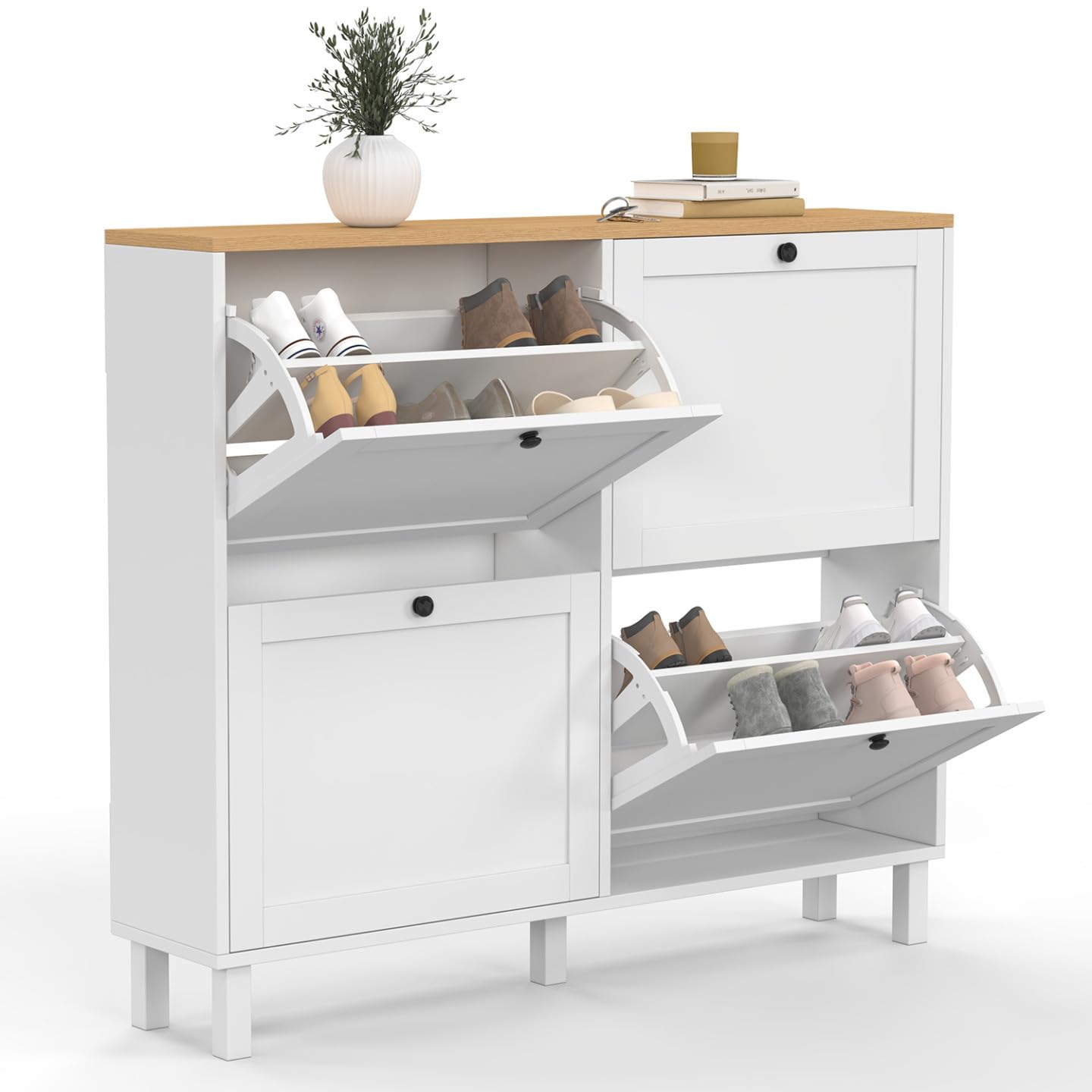 IDMarket - Zapatero Achille para 20 pares con 4 puertas, color blanco y bandeja de madera