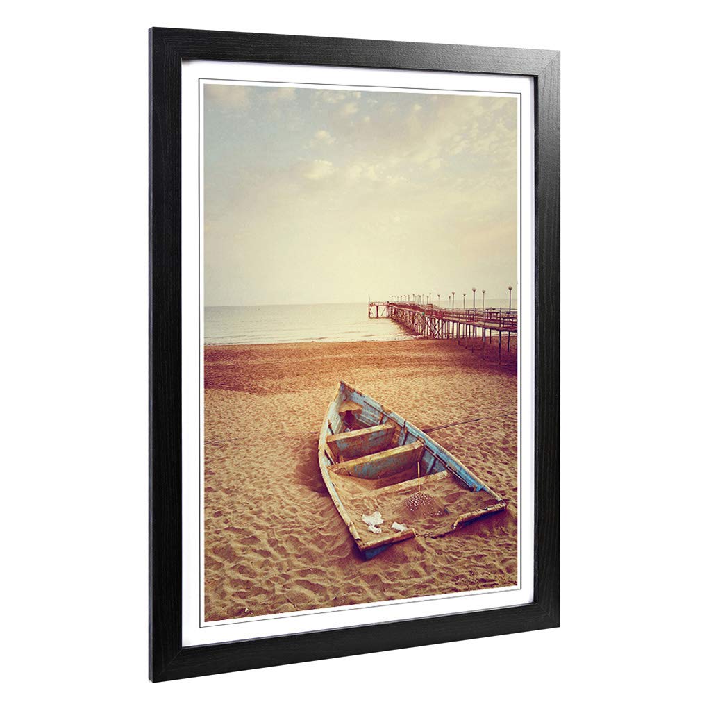 Big Box Art Framed Print of Stranded Boat on Beach Pier Seascape Design | Wall Art Picture | Home Decor for Kitchen, Living Room, Bedroom, Hallway, Black, A2 / 24.5x18 Inch / 62x45cm