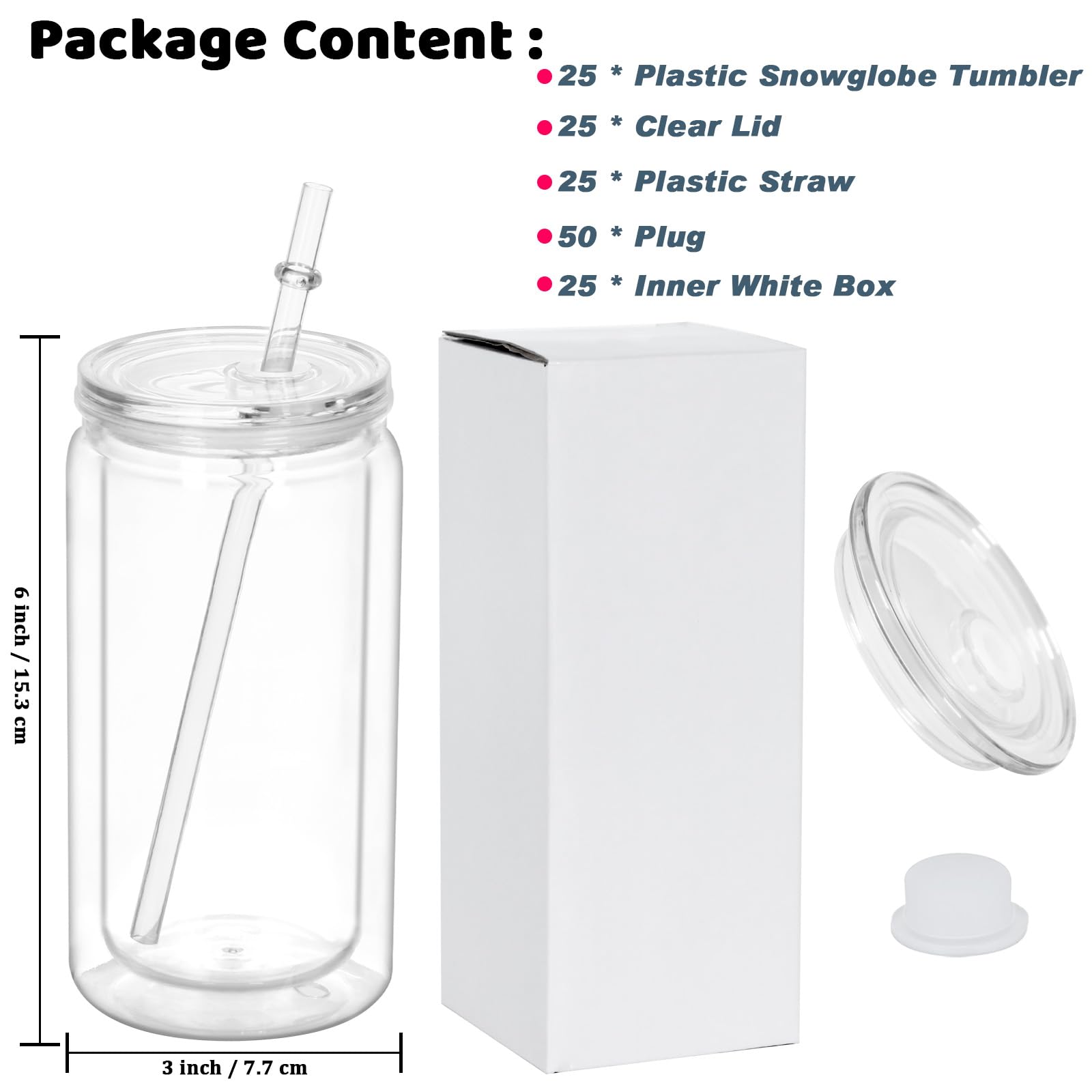 Confezione da 25 bicchieri in acrilico a forma di globo di neve, pre-forati, a doppia parete, in plastica trasparente, per fai da te, a doppia parete, in plastica, con coperchio trasparente