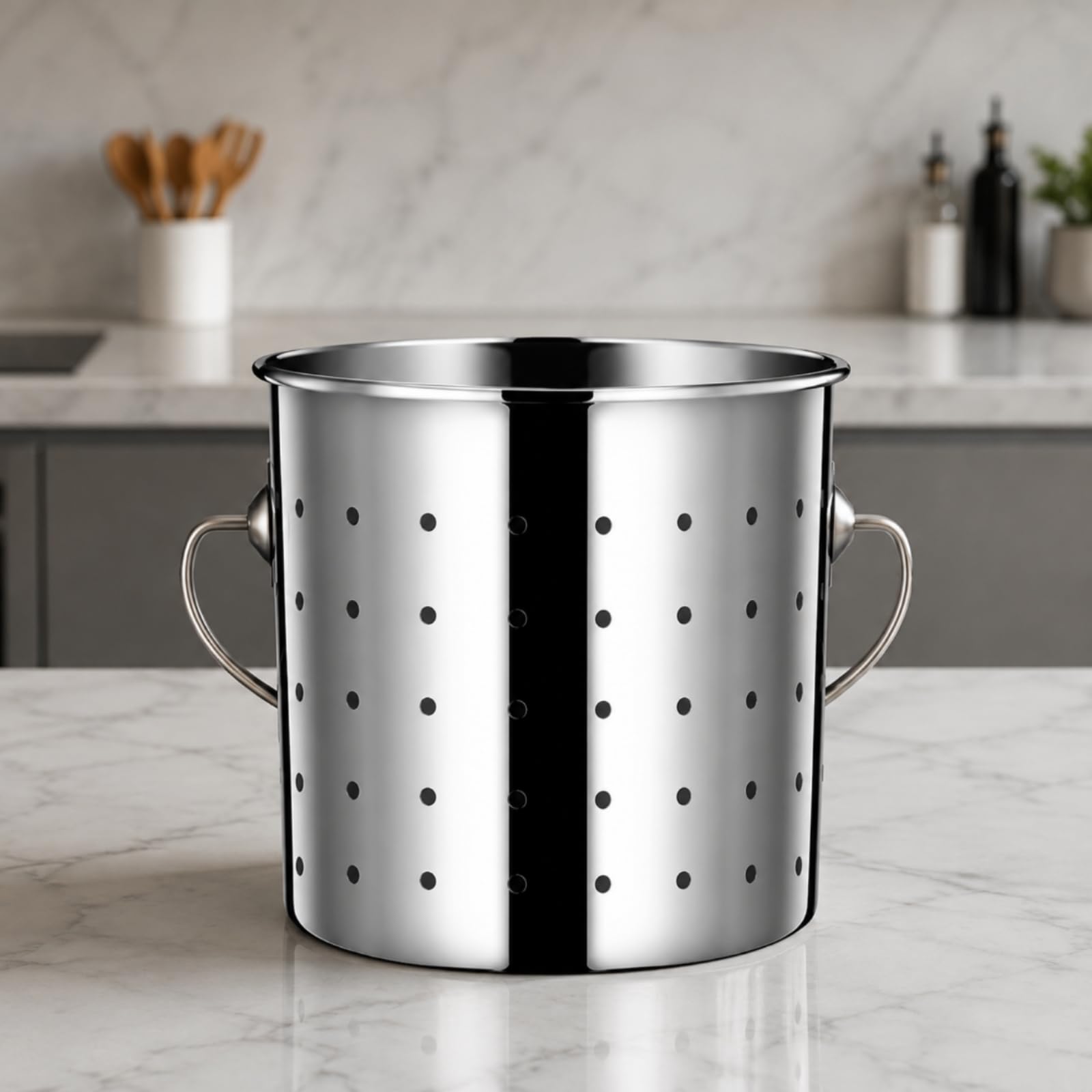 Cubo Colador Acero Inoxidable con BOR Redonado y Agujeros Uniformes para Escurrir y Alimentos sobre Estufas, 25CM