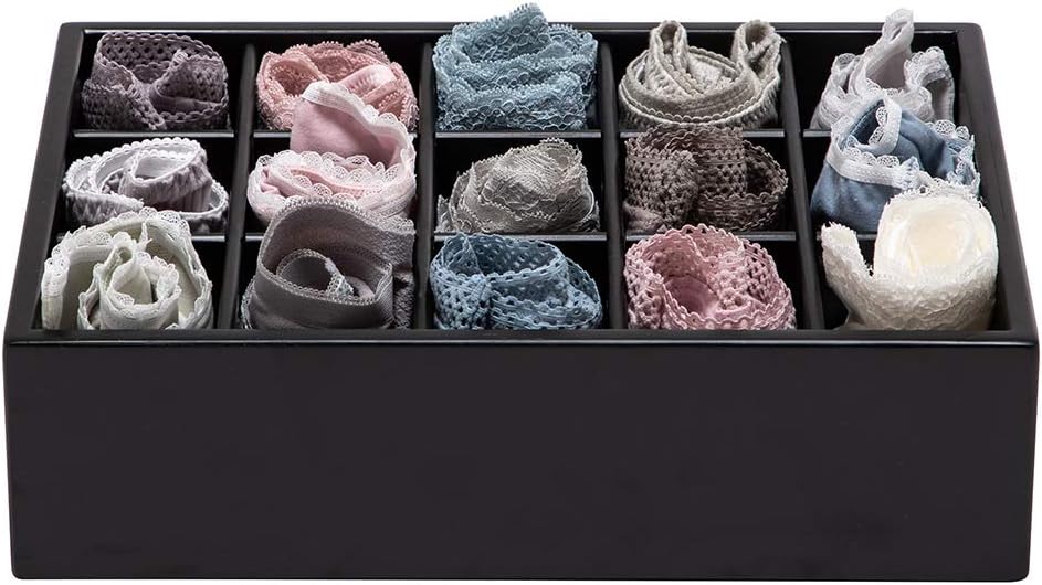GOBAM Bamboo Closet Drawer Organizer, 15 Compartments - Drawer Divider & Storage Box for Ties, Bras, Briefs, Socks & Jewelry - Storage Organizer for Dressing Room & Bedroom - Black