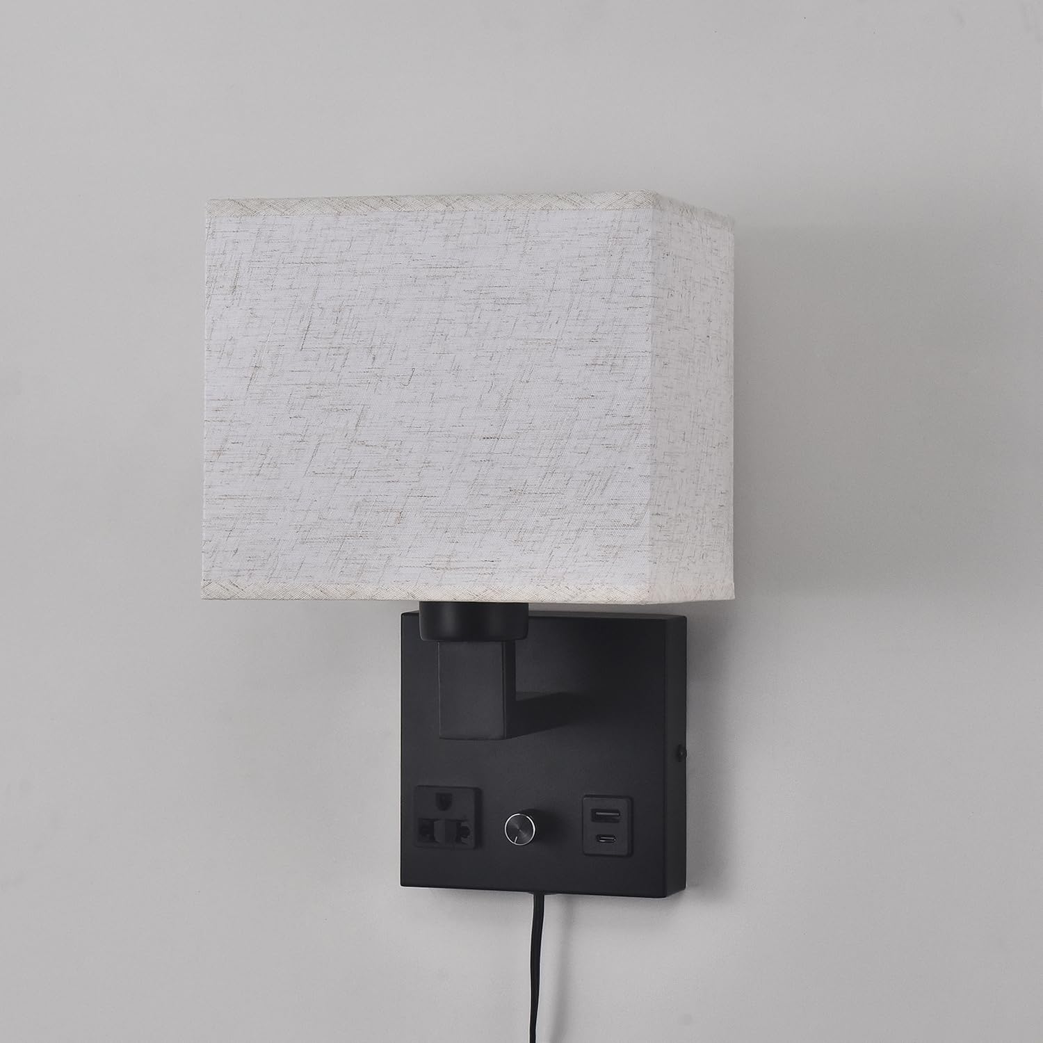 Lampa ścienowa do sypialni, lampa ścienowa do podłączenia - Przełącznik z regulacją jasności z gniazdem sieciowym i portem USB - Abażur z tkaniny - Czarna lampa ścienowa do salonu