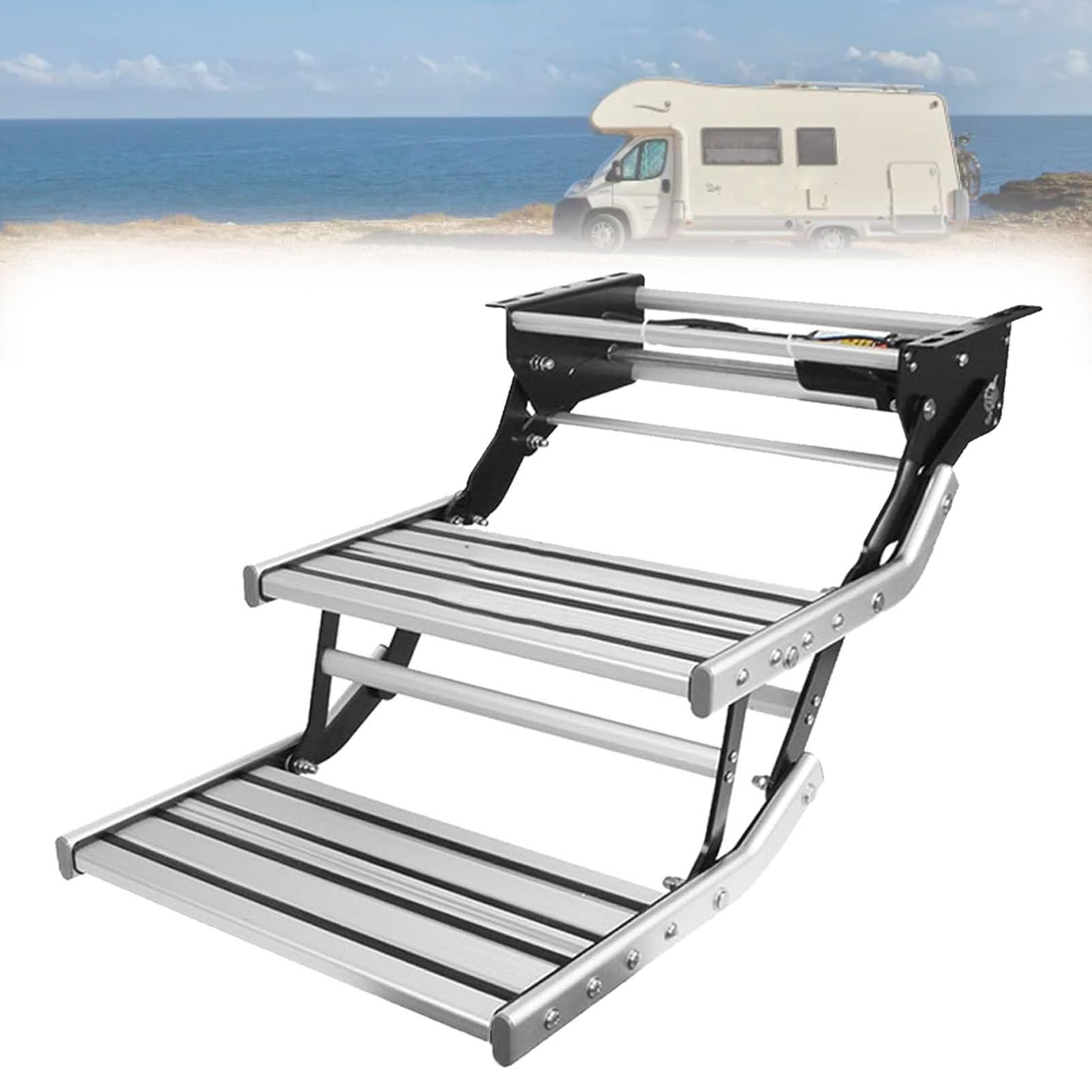 Pfps Electric Retractable RV Steps, with LED Light and Non-Slip Rubber Feet, 400 LBS Load Capacity, Camper Stairs for Motorhome, Campers, Van 12V-Double