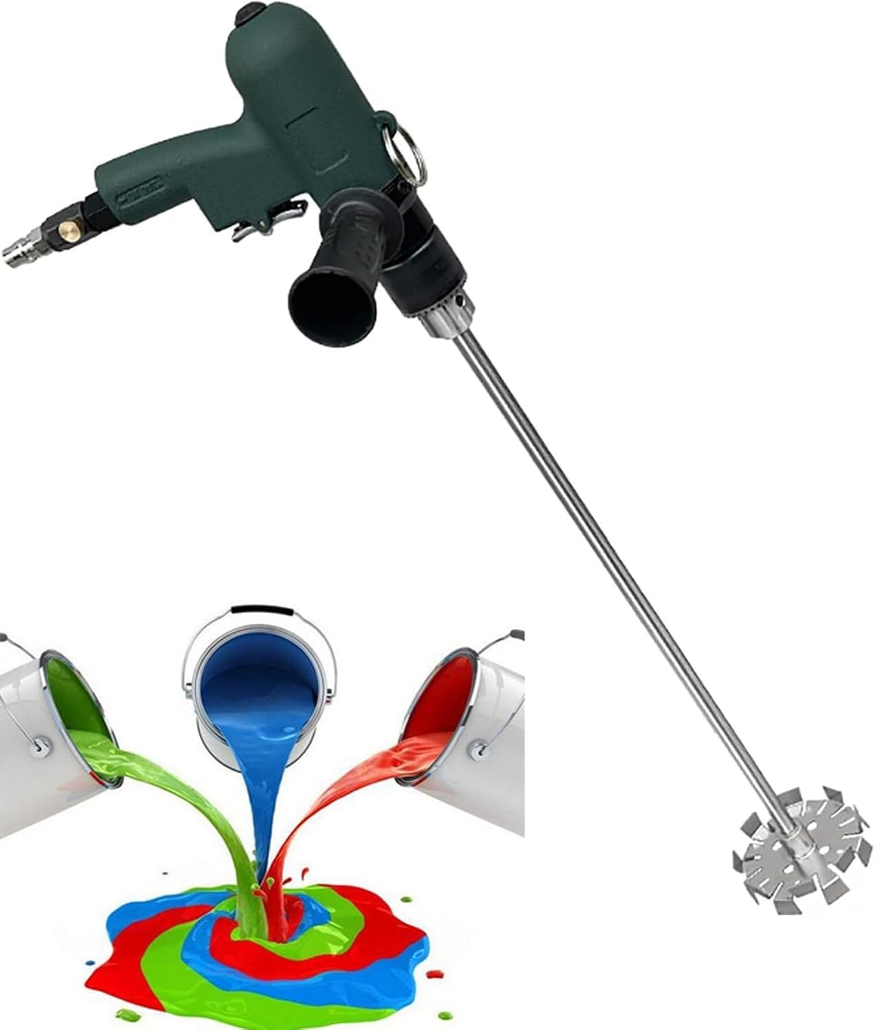 Miscelatore pneumatico portatile per vernici, regolabile a 1800 girimin, reversibile, con girante a denti superioriinferiori. (Upperandlowertoothimpeller)