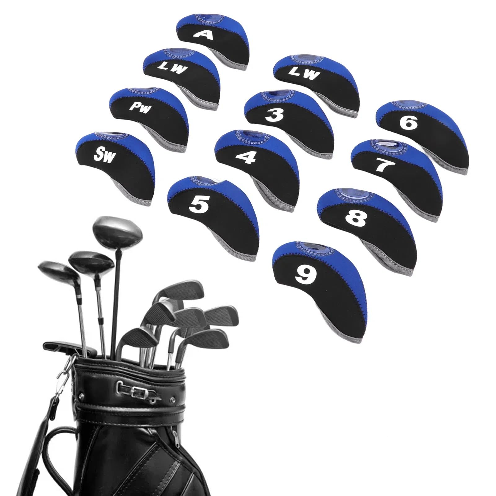 Couvre Têtes De Clubs De Golf 12 Pièces, Couvre Têtes De Protection Numérotés pour Poteaux De Fer,Couvre Fer Golf(Bleu Saphir Noir)