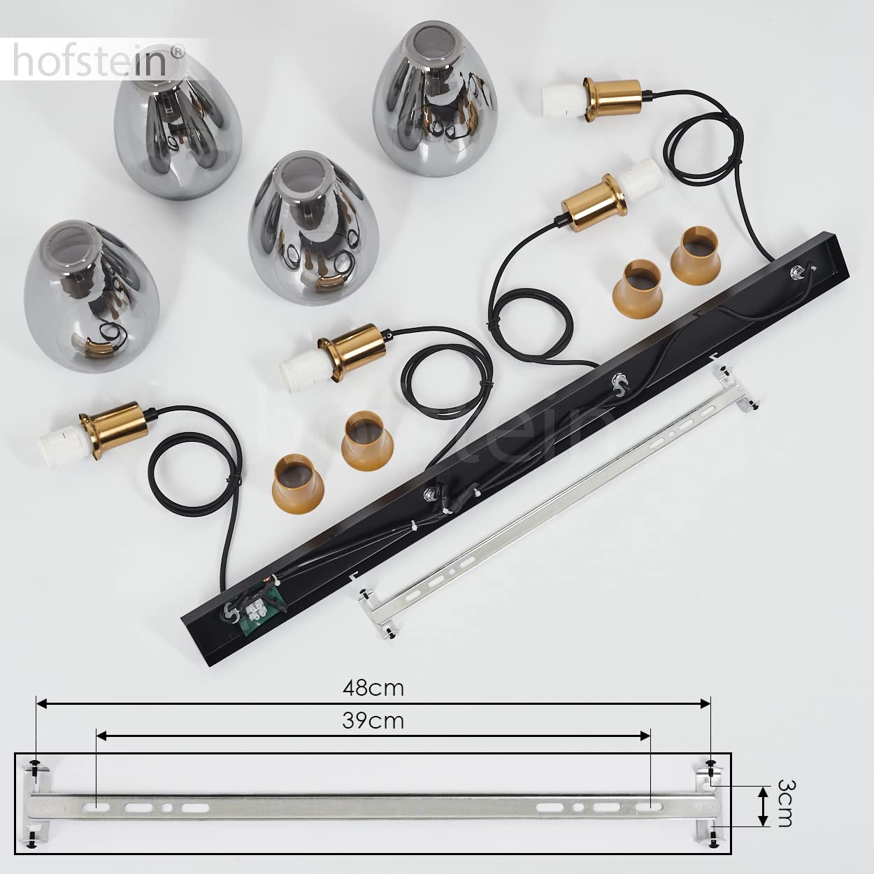 Lampa wisząca Lincura, lampa wisząca z metalu/szkła w kolorach czarnym/mosiężnym/dymnym, lampa/retro z kloszami z przydymionego szkła, 4 płomienie, wysokość maks. 119cm, E27, bez żarówek