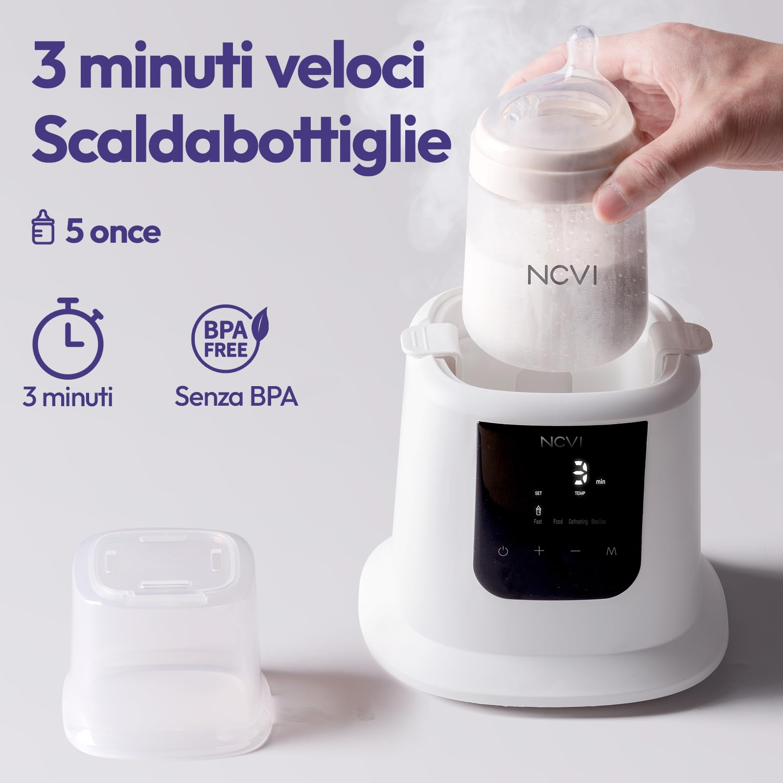 Scaldabiberon NCVI, Scaldalatte rapido, Scongelamento, Scaldavivande, Sterilizzatore, Controllo della temperatura, Spegnimento automatico, Senza BPA, Latte materno e alimenti