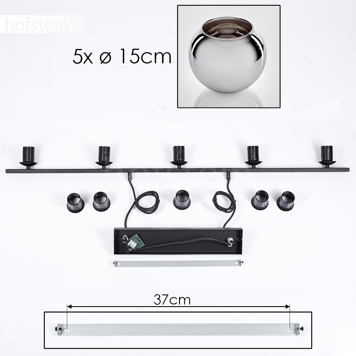 Pendelleuchte Koyoto, Hängelampe aus Metall/Glas in Schwarz/Chromfarben, Hängeleuchte im Retro/Vintage-Design mit Glasschirmen (Ø 15 cm), 5-flammig, Höhe max. 111,5 cm, 5 x E27, ohne Leuchtmittel