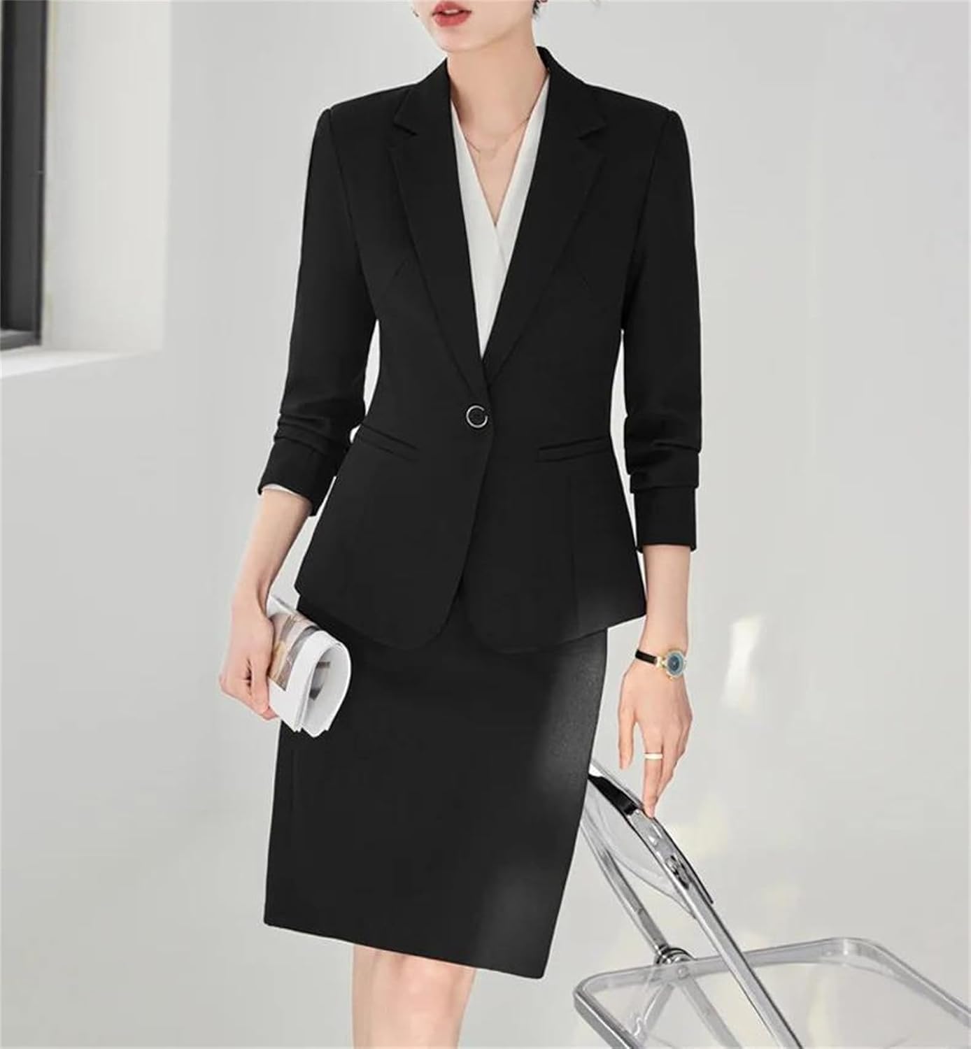 Women’S Professional Slim Two Piece Suit Jacket Skirt Elegant Long Sleeve Blazer and Pencil Skirt