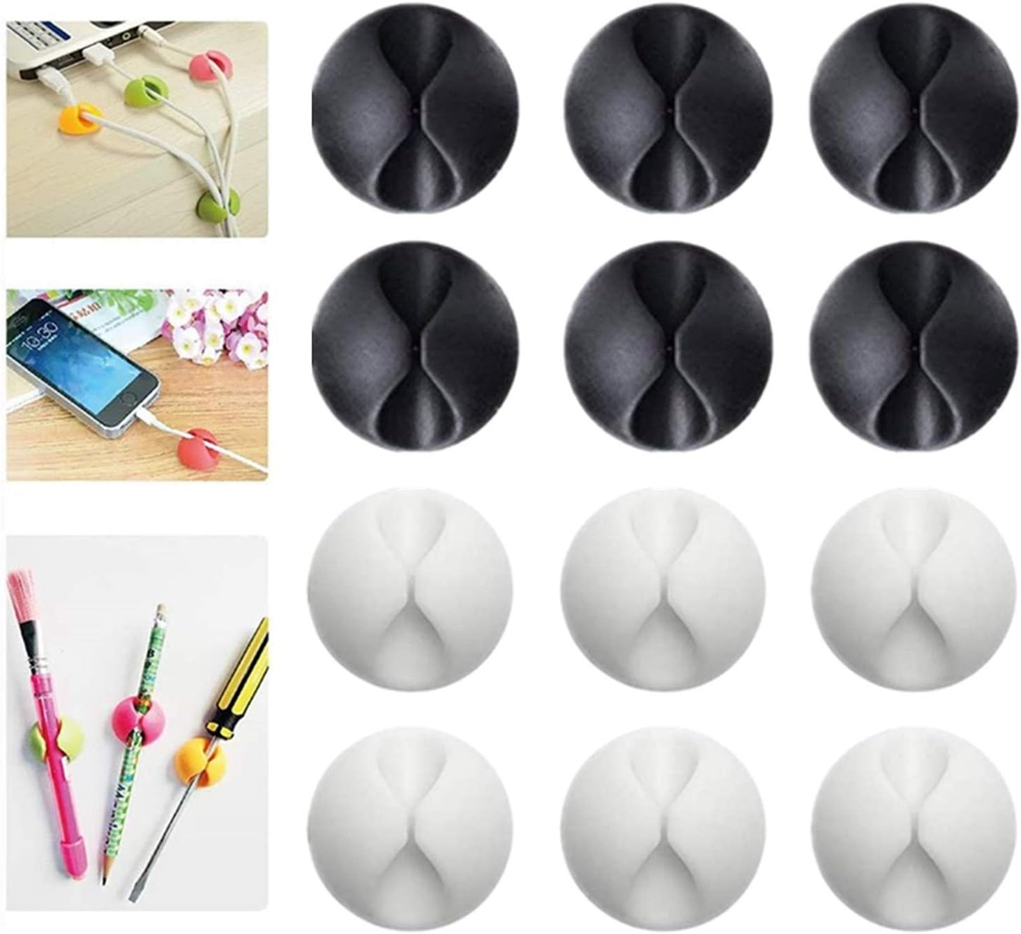 StudentsZone 12-Pack Adhesive Cable Clips, Cord Organizer, Cable Management, Color Cable Organizer, Cord Holder, Wire Organizer, for Desk, Nightstand, Car, Charging or Mouse Cord (White Black)