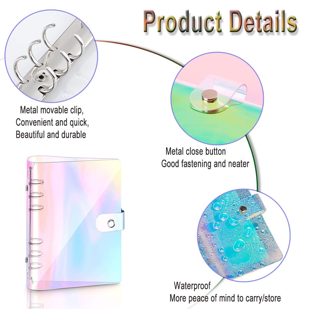 A5 Rainbow Soft PVC Notebook Cover y 10 bolsas de hojas sueltas A5, hojas sueltas, planificador personal de hojas sueltas, bolsillos impermeables para carpetas (arco iris)
