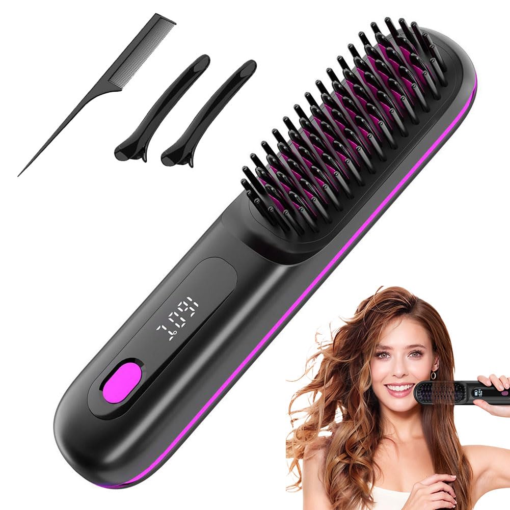 Spazzola per Capelli Elettrica, Spazzola Lisciante Senza Fili, Ricaricabile, Spazzola Riscaldante, per Donne e Uomini Senza Fili con display a LED, 3 Livelli di Temperatura per Lisciare e Arricciare