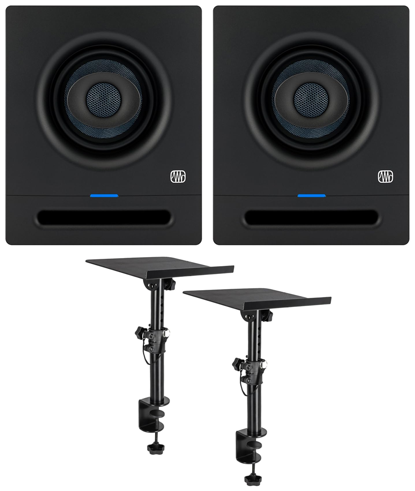 Audiosavings Bundle: (2) Eris Pro 4 Powered 4" Coaxial 2-Way Powered Studio Monitor Speakers Bundle with Pair of Rockville DMS75 Studio Monitor Speaker Stands (3 Items)