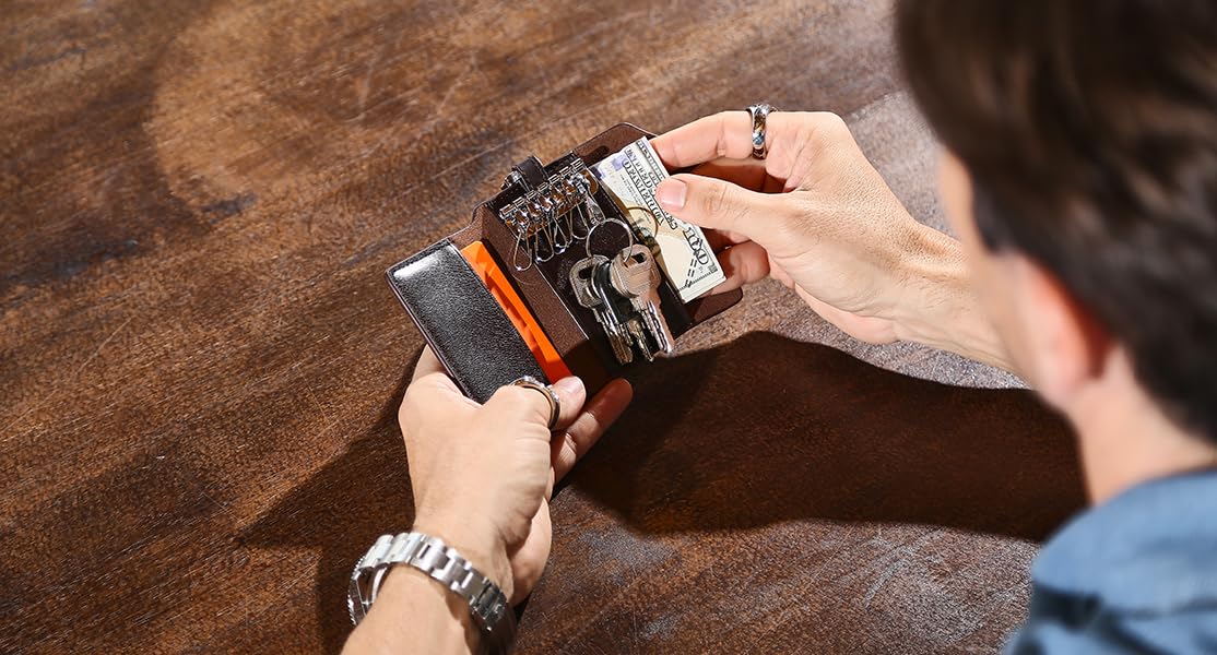 Contacts Etui na kluczyki samochodowe dla mężczyzn i kobiet, mały skórzany uchwyt na klucze z 6 brelokami, Kawa, one size, Portfel na dowód osobisty