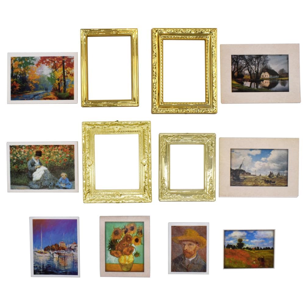iLAND Miniature Dollhouse Accessories for Dollhouse Furniture on 1:12 Scale, Dollhouse Frames w/Printed Classic Paintings Set (4 Bright Golden Frames & Pictures)