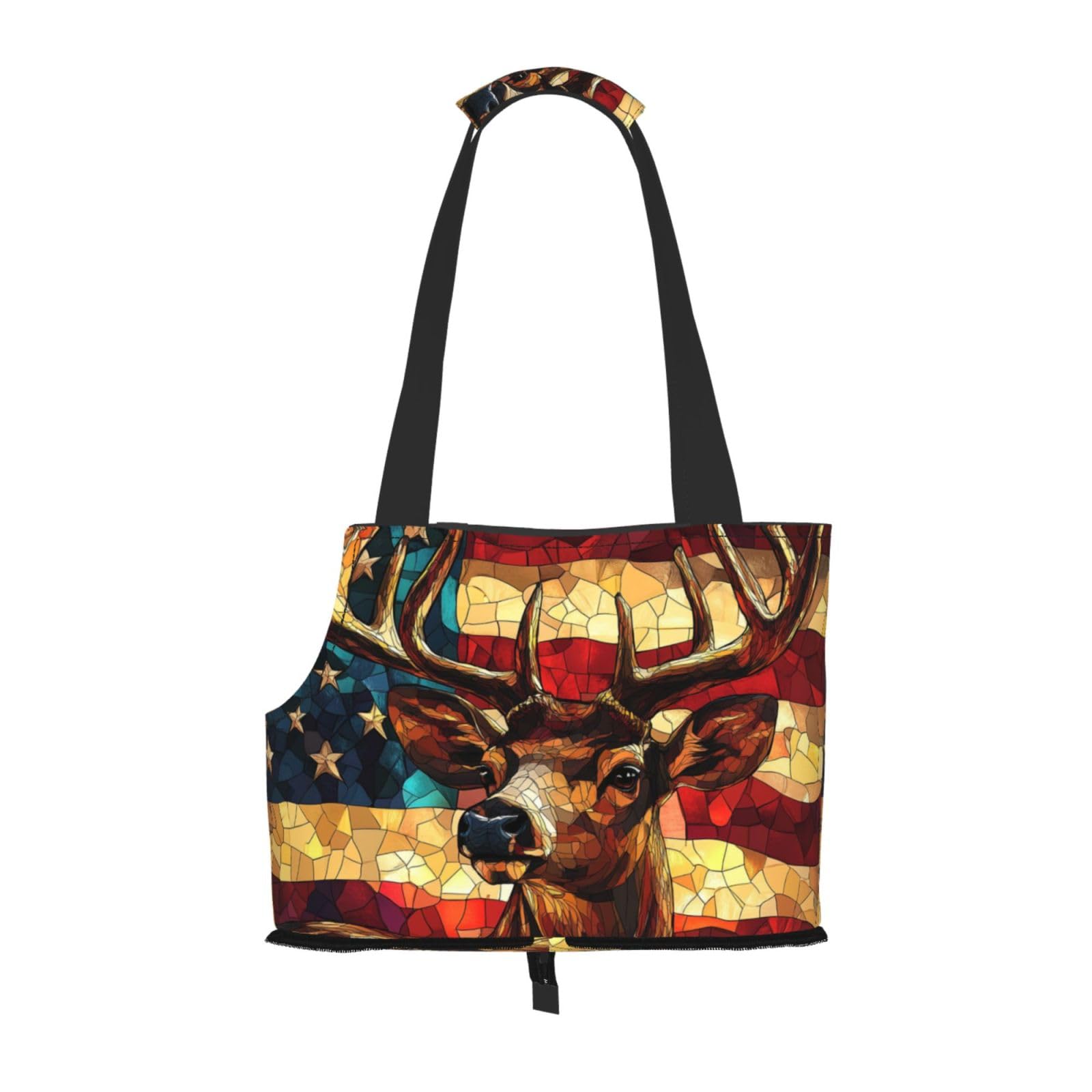 Stained Glass American Flag Deer Pet Sling Carrier for Small Dog Cats Puppy Portable Tote Bag Pouch for Outdoor Travel Hiking