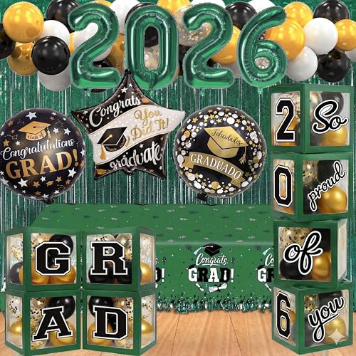 Image of Black and Green Graduation Decorations Class of 2026 - Graduation Balloon Boxes, Balloon Arch Garland Kit, Party Decorations 2026 for Any Grades