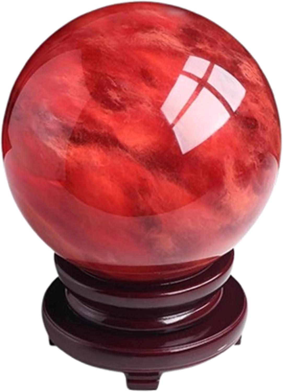 Red Smelt Quartz Crystal Ball, Ruby Sphere with Wood Stand,Melting Crystal Gemstone Orb for Witchcraft Home Decor Gifts,5.5"(14cm)
