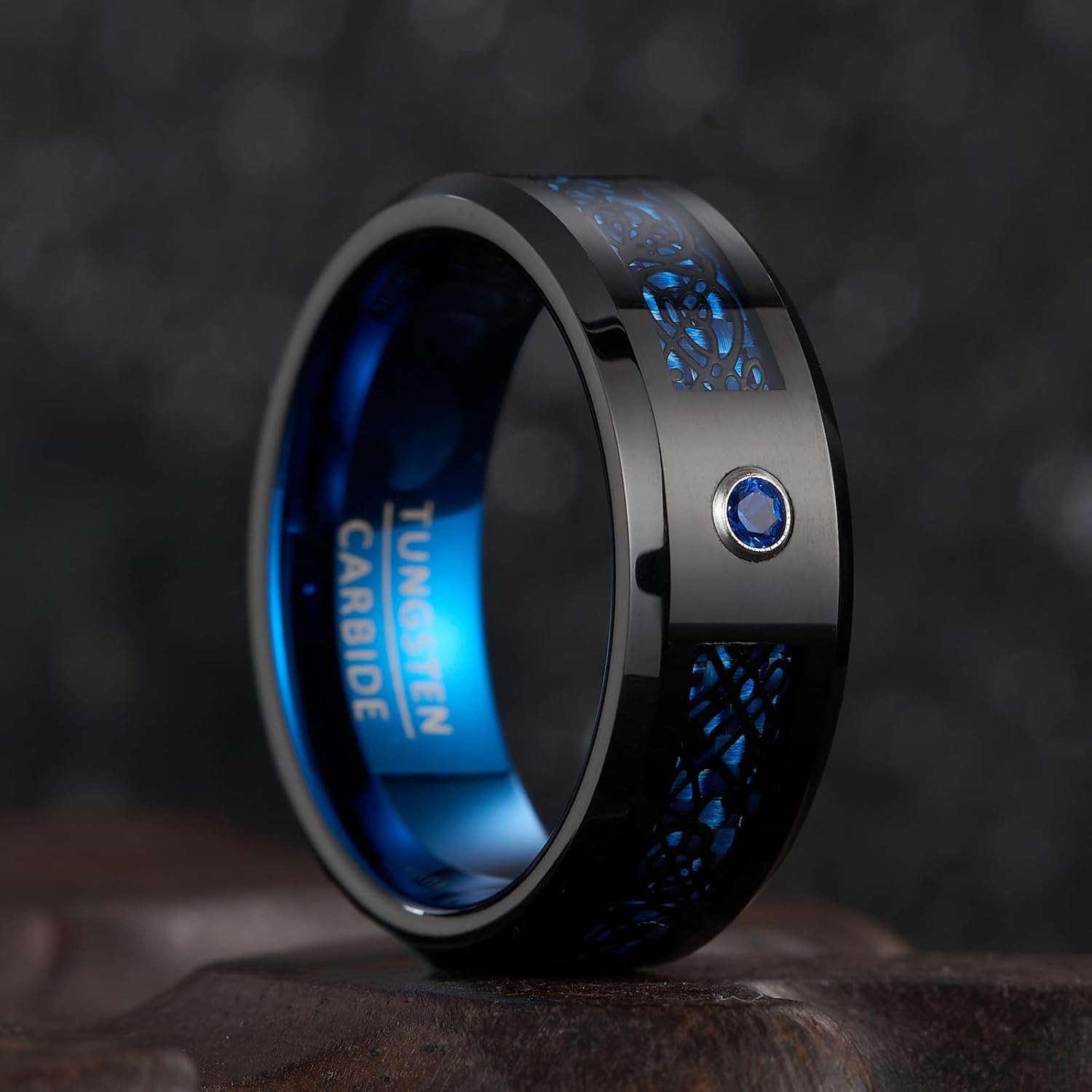 | Guardian Line Band - 8mm Wide Black Tungsten Wedding Ring with Blue Zirconia - Image 4