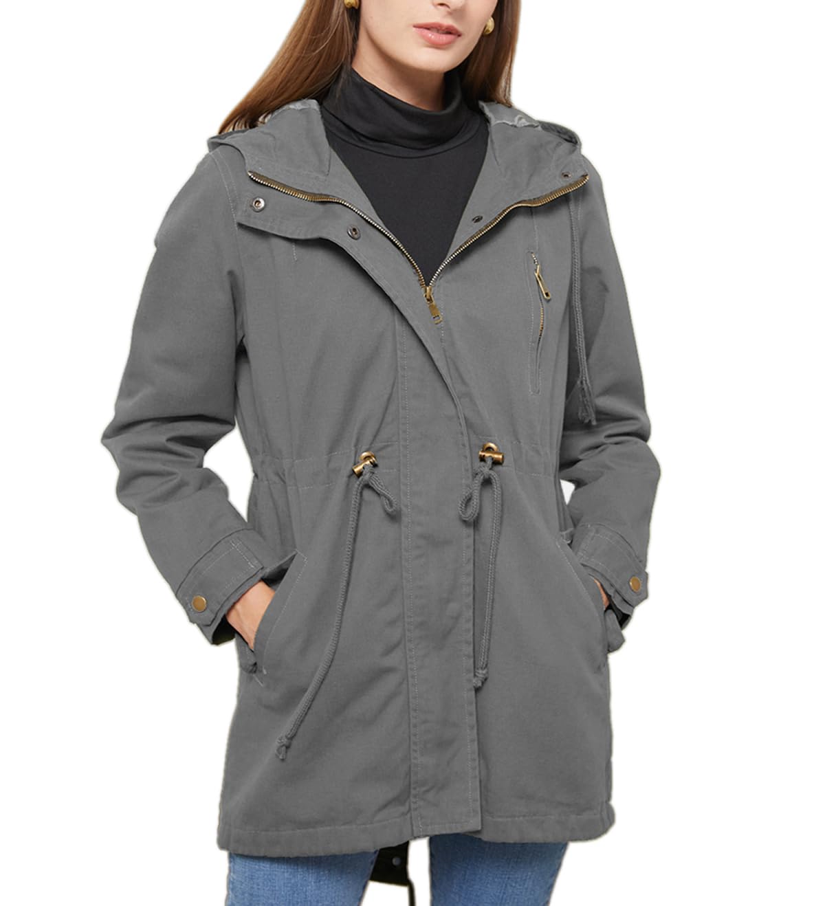 chiguomaoyi Damen Casual Leichtgewicht Militär Jacken Anorak Utility hohe Taille Drawstring Zip Up Hood Mantel