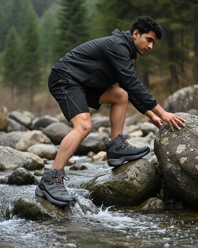 Image of Bacca Bucci Men's Mid-Top Trekking Boots with Rugged Grip Sole, Padded Ankle Support & Secure Lace-Hook Closure