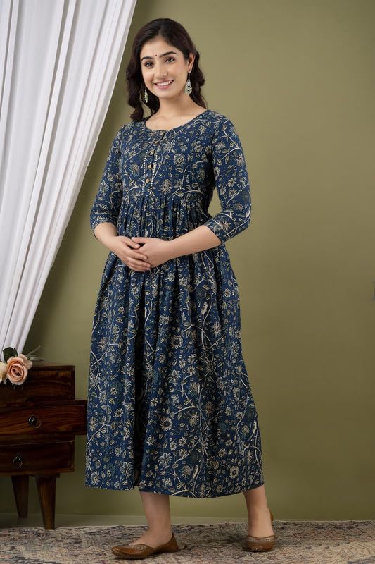 Image of Women's Pure Cotton Printed Maternity Gown /Maternity wear /Feeding Gown A-line Maternity Feeding Dress Maternity Kurti Gown for Women