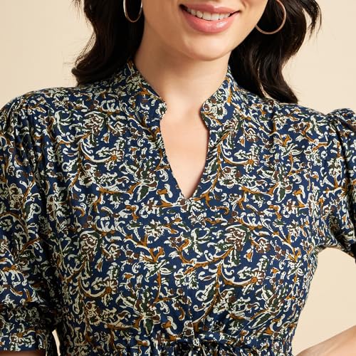 Image of Azira 100% Cotton Printed Fit & Flared Mandarin Collar Midi Dress | Casual Dress | Dress for Woman | Summer Dress