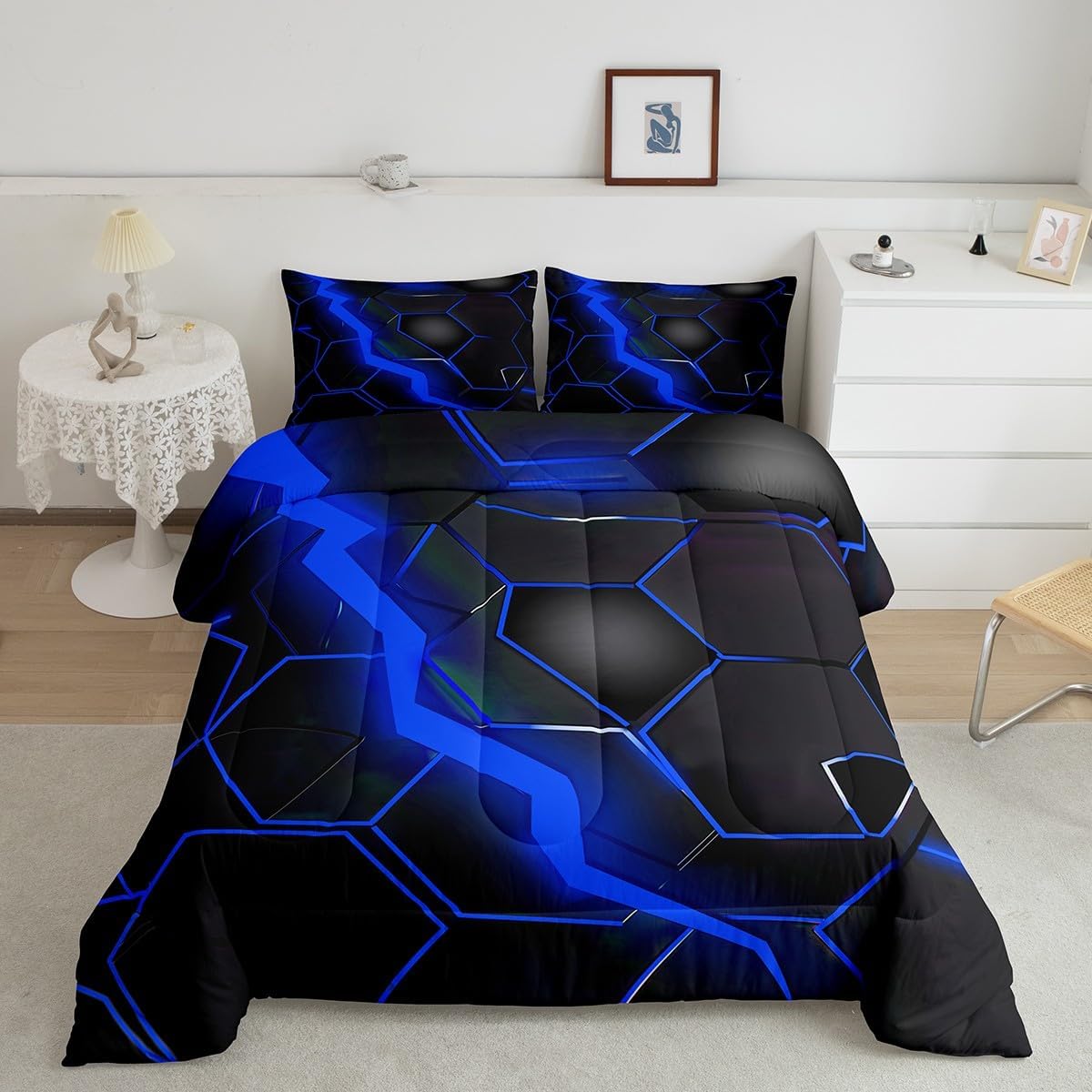 Modern Geometric Comforter Set Full for Boys Girls Blue Honeycomb Print Bedding 3 Pcs Beehive Geometrical Bedding Comforter Sets Geometric Hexagonal Pattern Duvet Insert Abstract Plaid Quilt