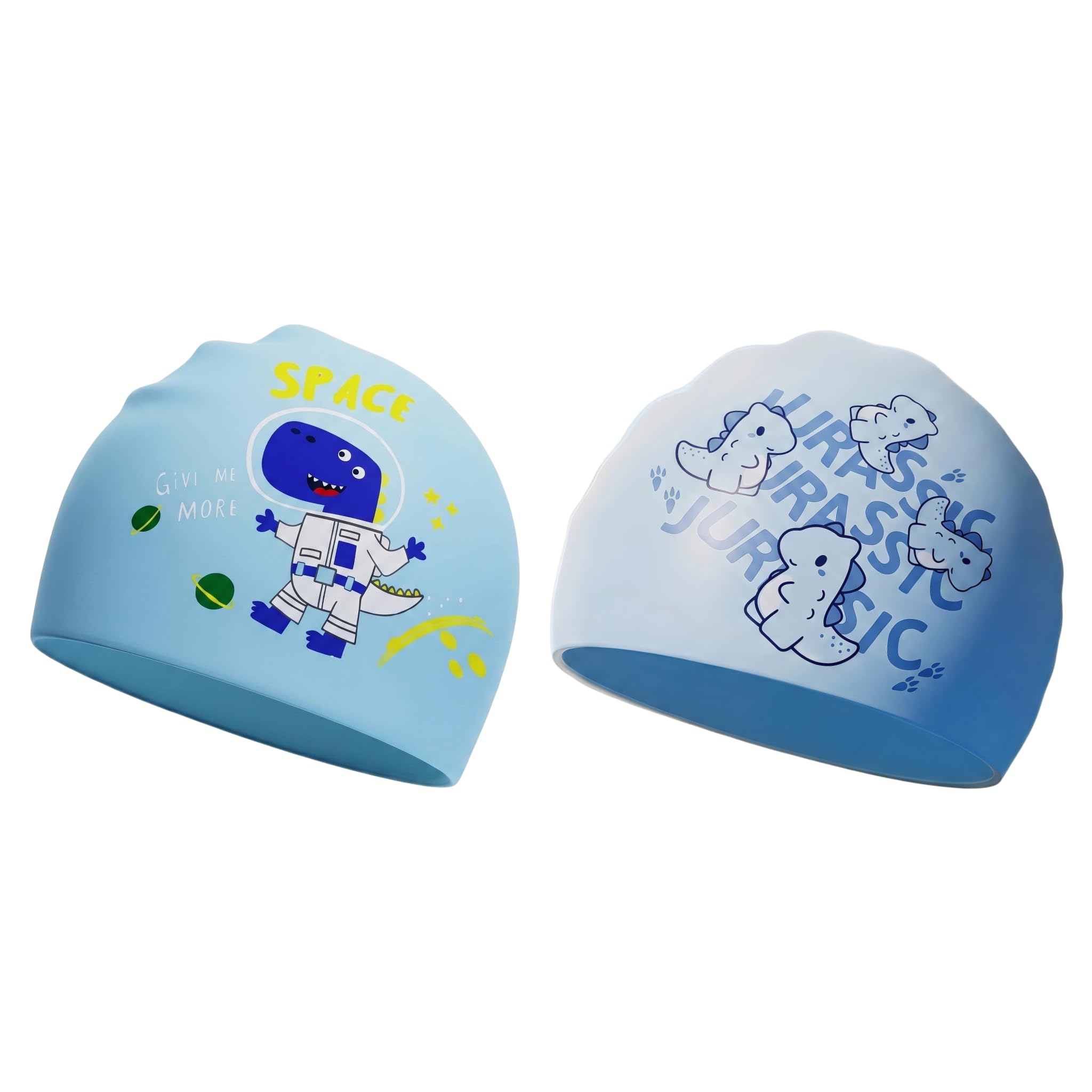 2 Pack Swimming Cap for Kids Age 6-14, Space Astronaut Dinosaur & Jurassic Dino Printed Silicone Swimming Hat for Boys, Waterproof Swim Cap, Ideal for Childrens Swimming Lessons, Pool and Beach