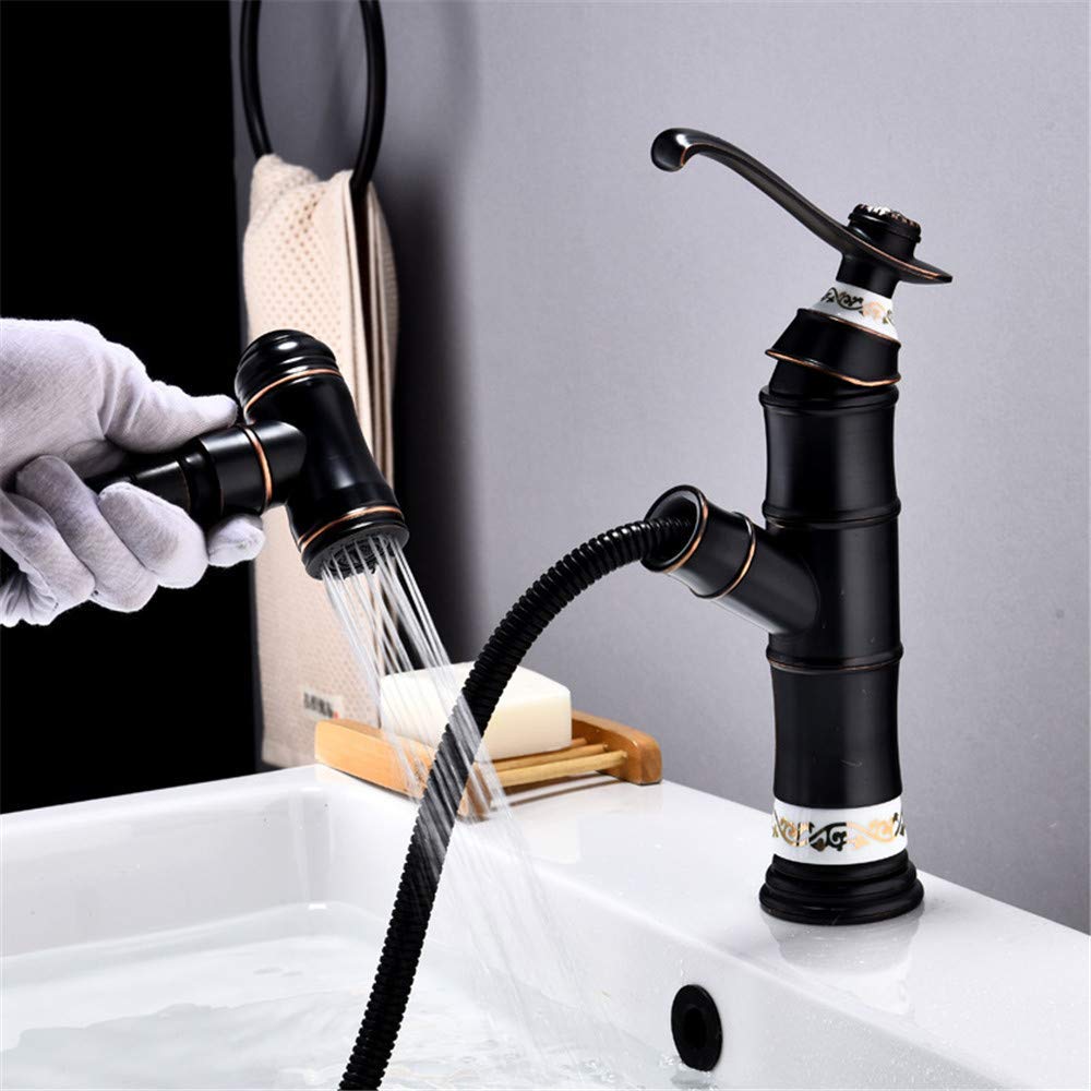 RajoNN Irrigatore Estraibile con Striscia di Rame Pieno Miscelatore Acqua Fredda Nero Antico Lavandino Lavabile Maniglia Singola,One