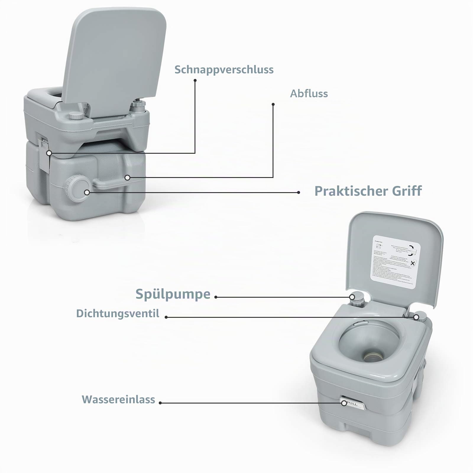 DREAMADE 20L Campingtoilette mit Abnehmbarem Abwasser- und Frischwassertank, Reisetoilette aus HDPE, Mobile Toilette, bis zu 150 kg belastbar, mit Spülung, für Wohnwagen & Garten
