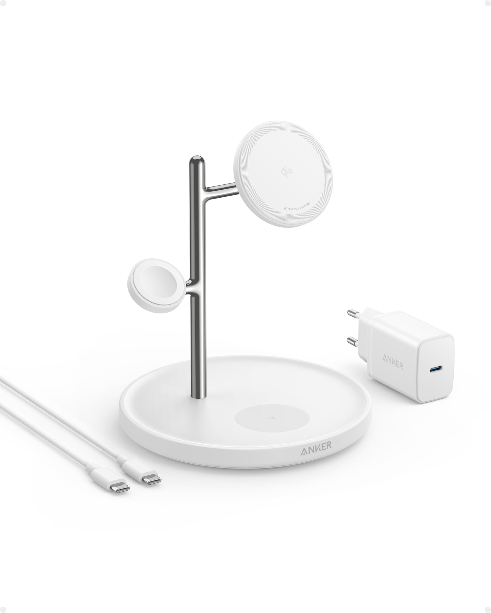 Anker Stazione di Ricarica Wireless 3 in 1, Certificata Qi2 15W Compatibile con MagSafe, Supporto per Serie iPhone 15, AirPods PRO, Apple Watch Ultra (Caricatore USB-C e Cavo Inclusi)